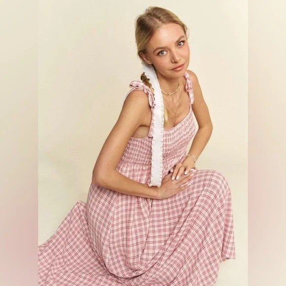 Dresses | Pink Plaid Sleeveless Dress Smocked Sleeveless Maxi Cami Dress |  Poshmark